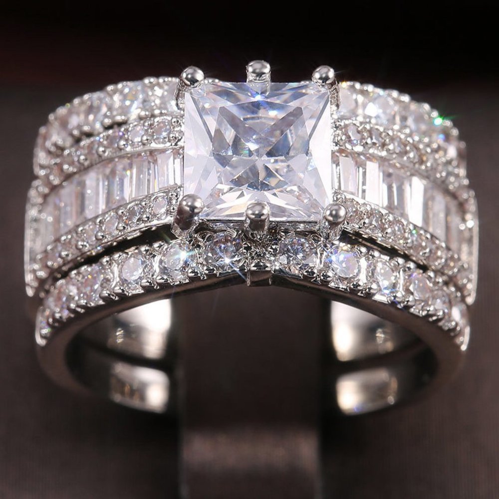 NEW 3 PC/Set Princess Cut Silver Diamond Ring - Picture 2 of 4